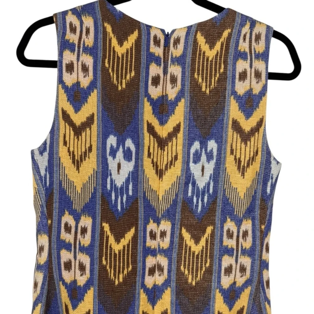 Tory Burch Kiersten Linen Blend Sleeveless Ikat Print Sheath Dress‎ Size 8 Retro